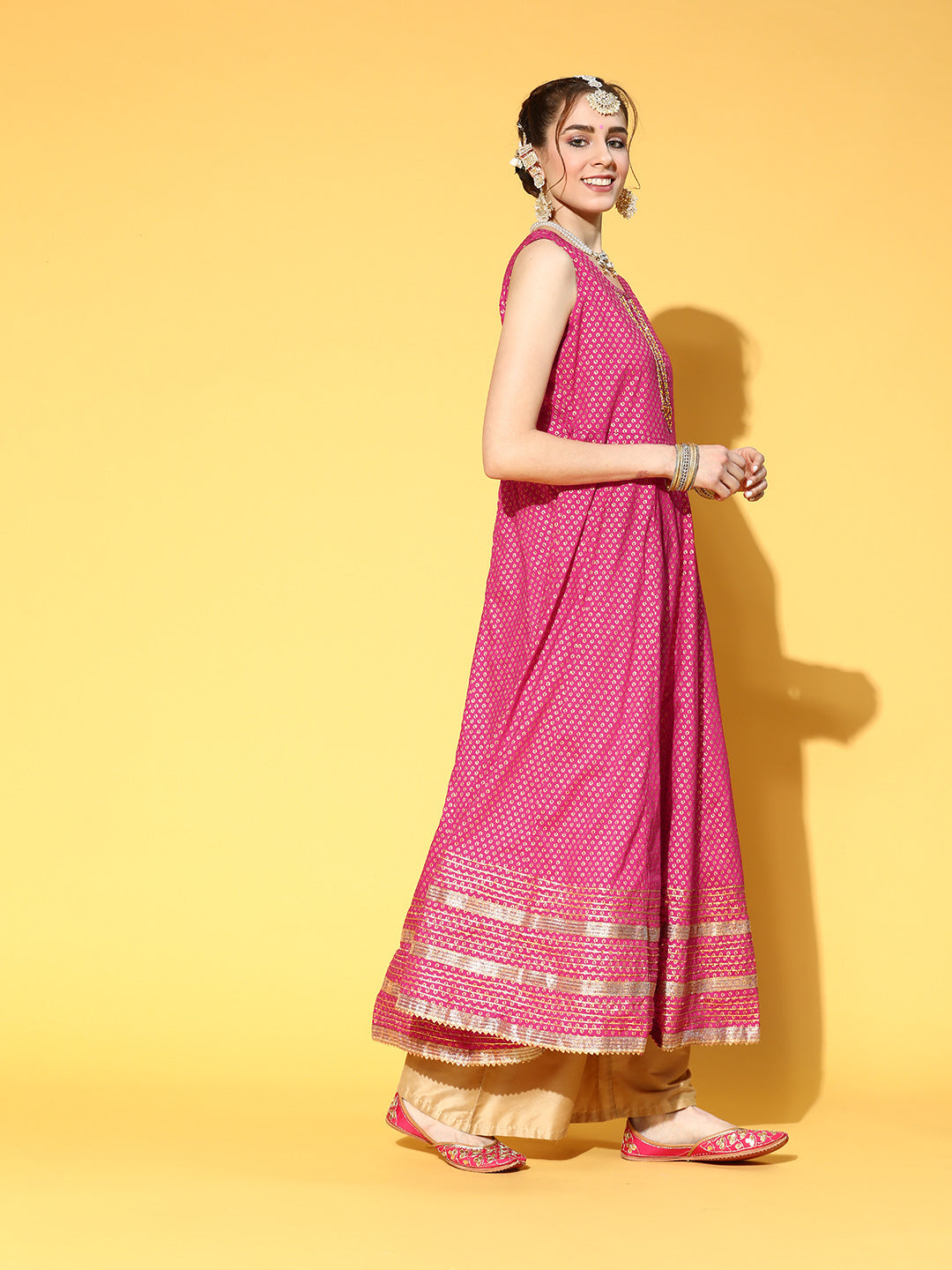 Ishin Women's Cotton Pink Embroidered Anarkali Kurta With Jacket