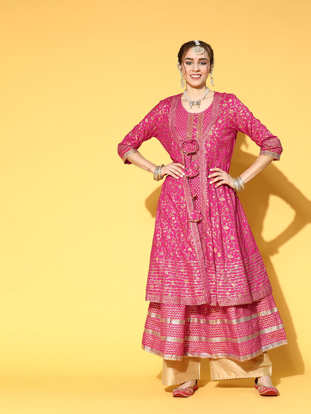 Ishin Women's Cotton Pink Embroidered Anarkali Kurta With Jacket