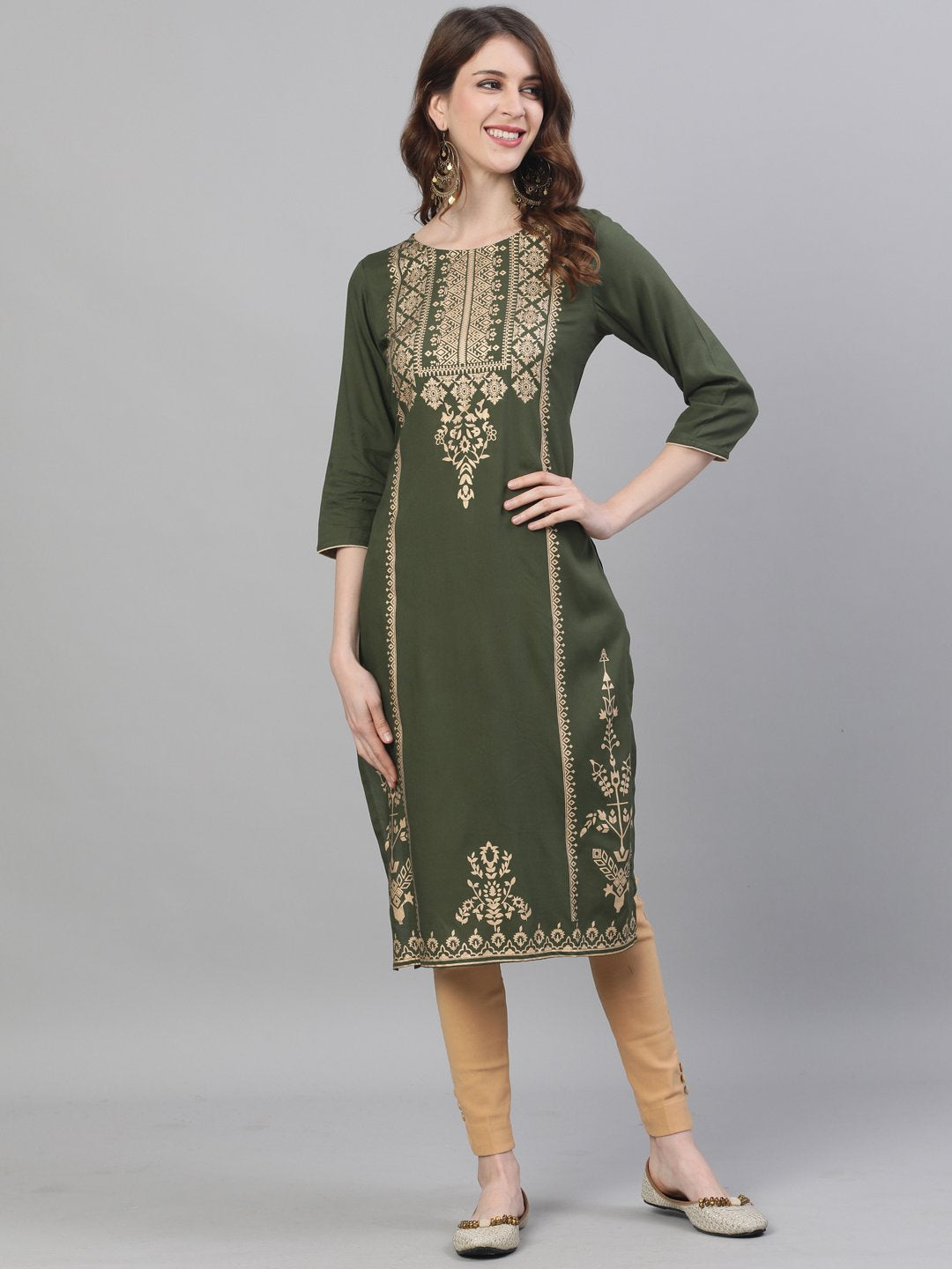 Ishin Women's Rayon Green Foil Printed A-Line Kurta