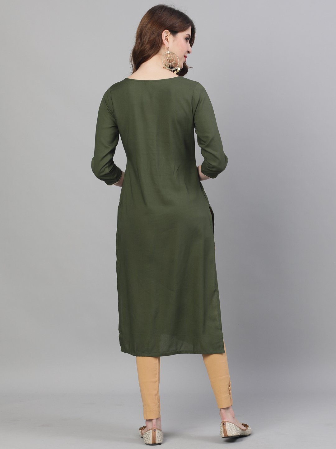 Ishin Women's Rayon Green Foil Printed A-Line Kurta