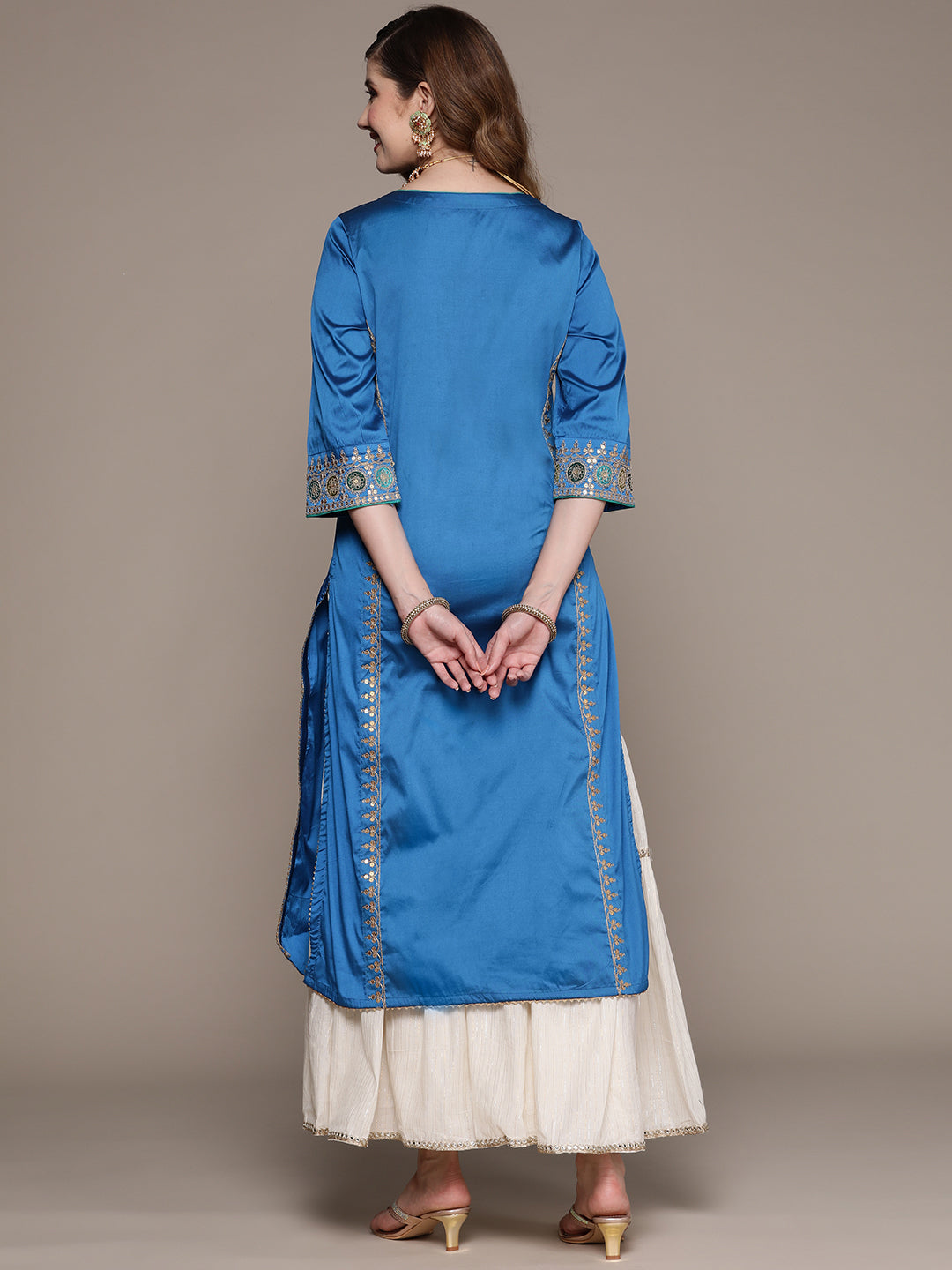 Ishin Women's Silk Blend Blue Embroidered A-Line Kurta