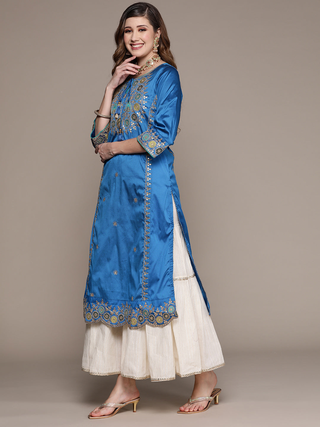 Ishin Women's Silk Blend Blue Embroidered A-Line Kurta