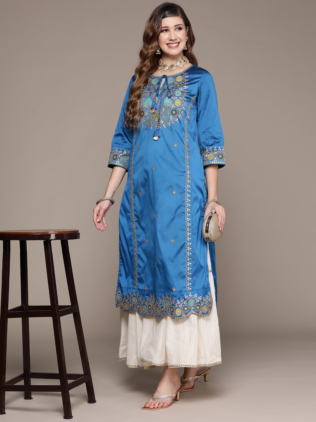 Ishin Women's Silk Blend Blue Embroidered A-Line Kurta