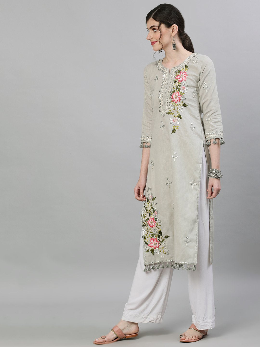 Ishin Women's Silk Brown Embroidered Straight Kurta