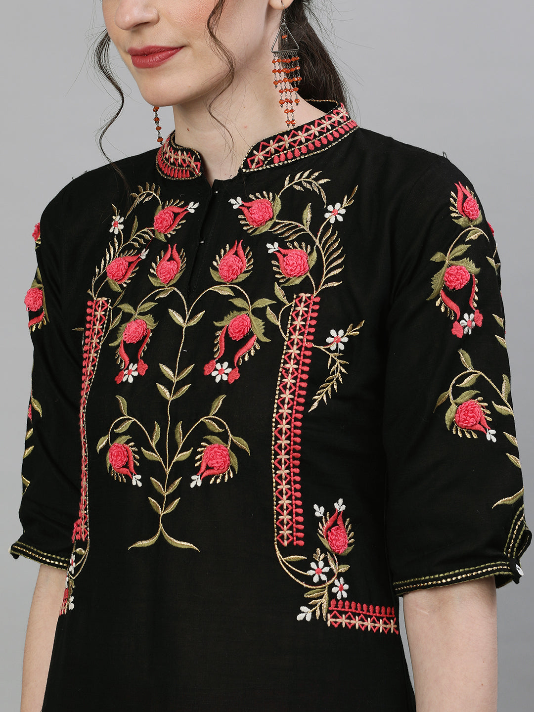 Comfy Black cotton Floral embroidery with tassels Straight fit kurta set
