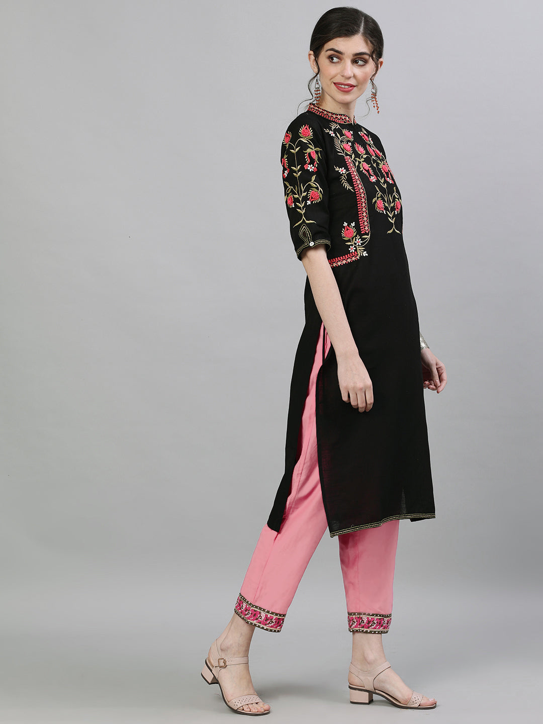 Comfy Black cotton Floral embroidery with tassels Straight fit kurta set
