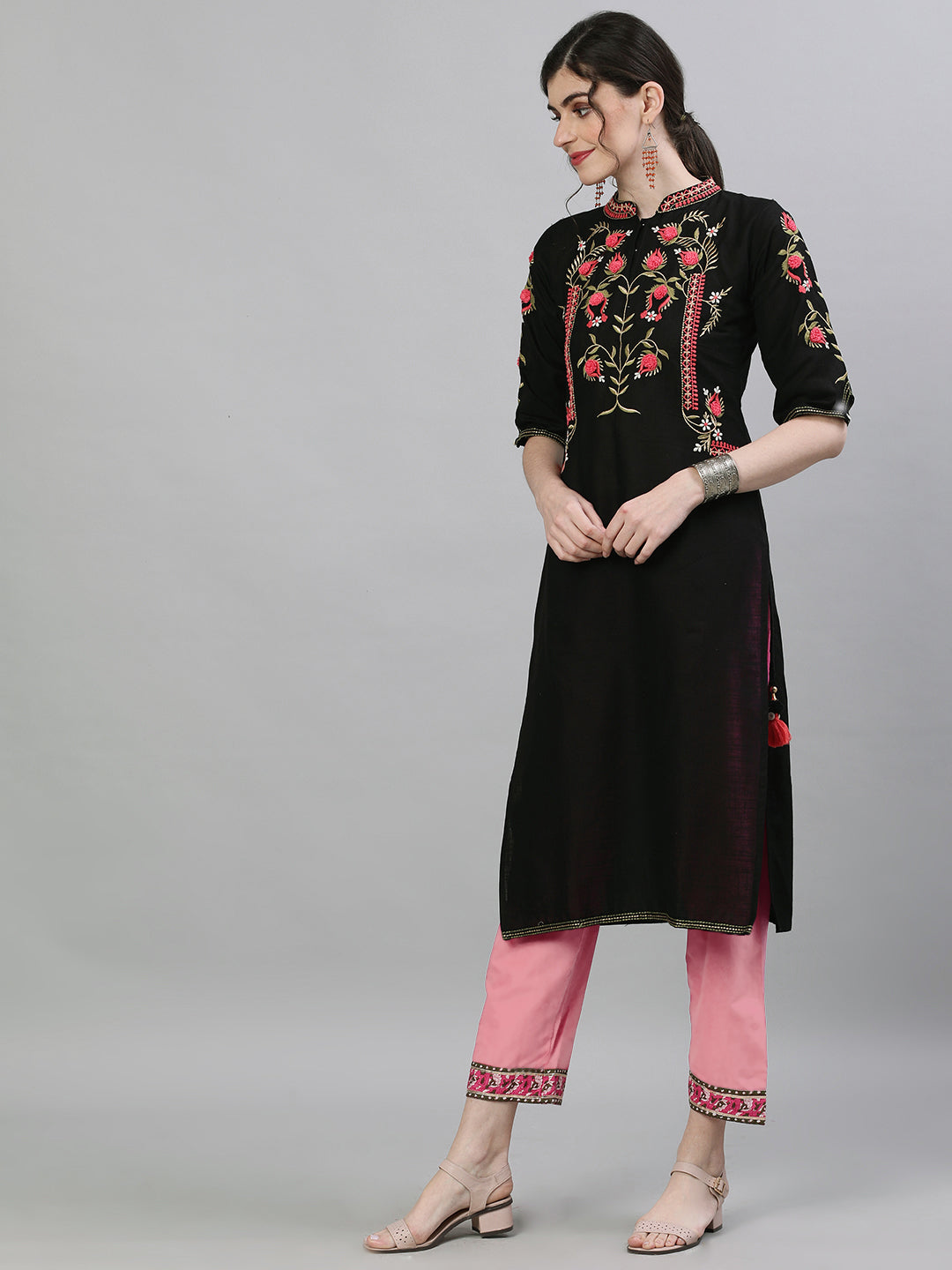 Comfy Black cotton Floral embroidery with tassels Straight fit kurta set