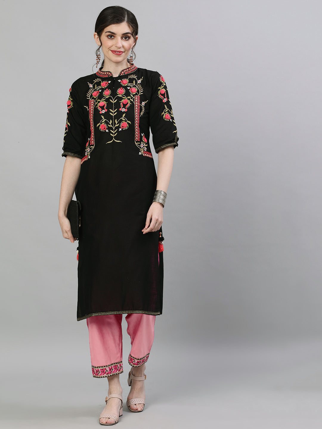 Comfy Black cotton Floral embroidery with tassels Straight fit kurta set