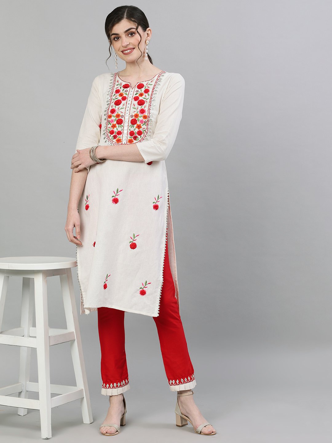 Ishin Women's Cotton Off White & Red Embroidered Straight Kurta Trouser Set