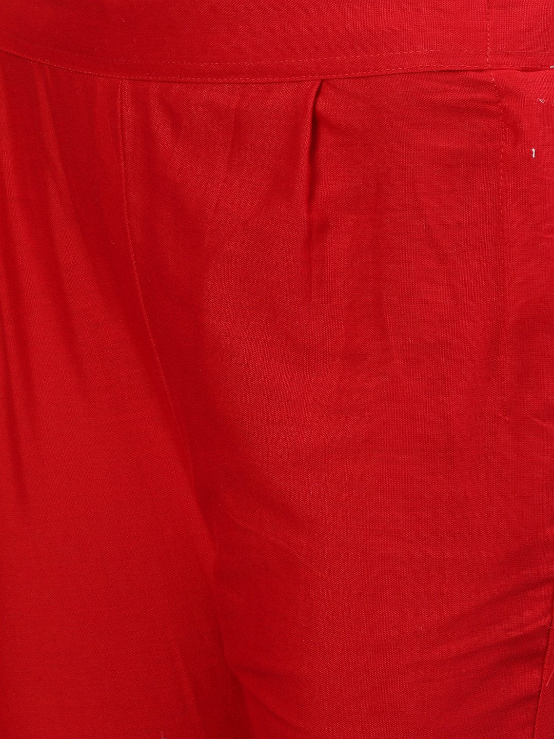 Ishin Women's Cotton Off White & Red Embroidered Straight Kurta Trouser Set