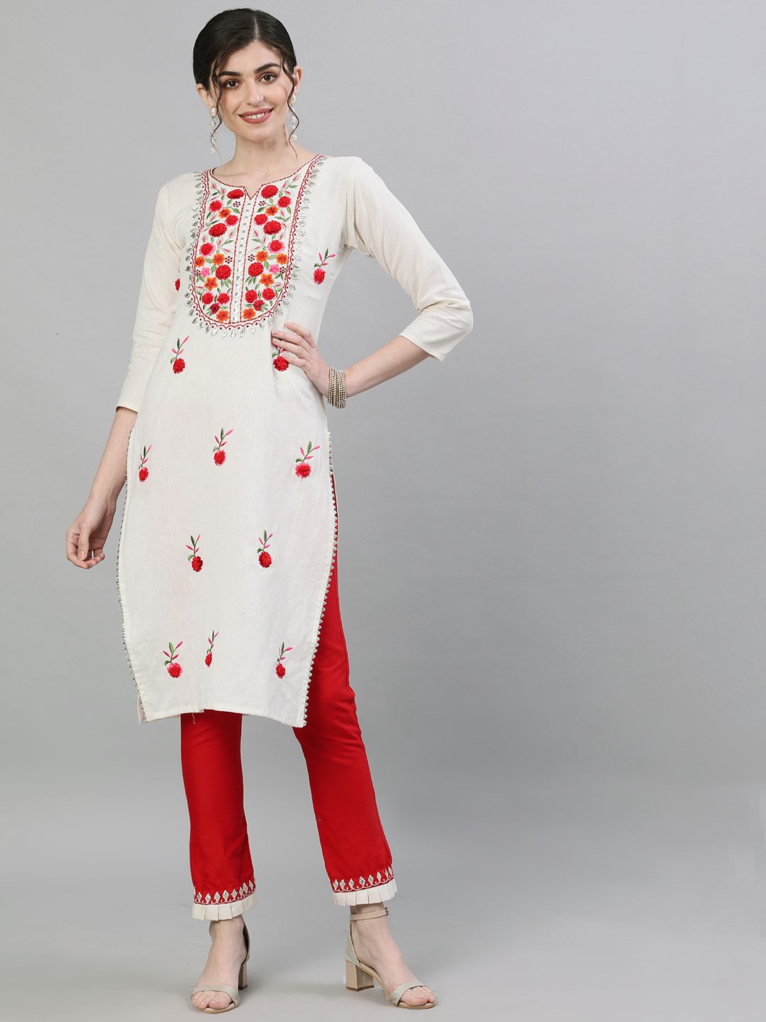 Ishin Women's Cotton Off White & Red Embroidered Straight Kurta Trouser Set