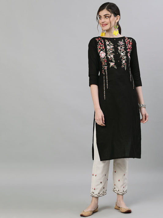 Ishin Women's Cotton Black & Off White Embroidered Straight Kurta Trouser Set