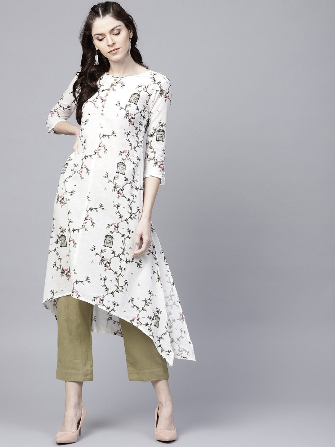 Ishin Women's Rayon White Printed A-Line Kurta