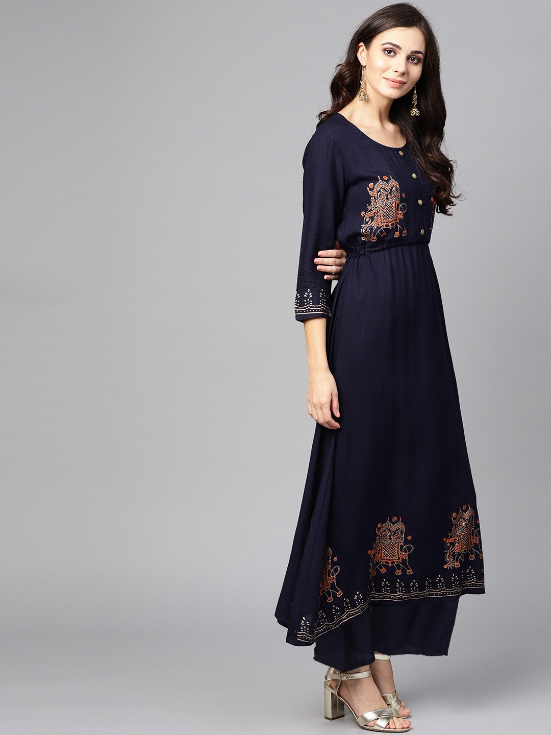 Ishin Women's Rayon Navy Blue Printed Anarkali Kurta