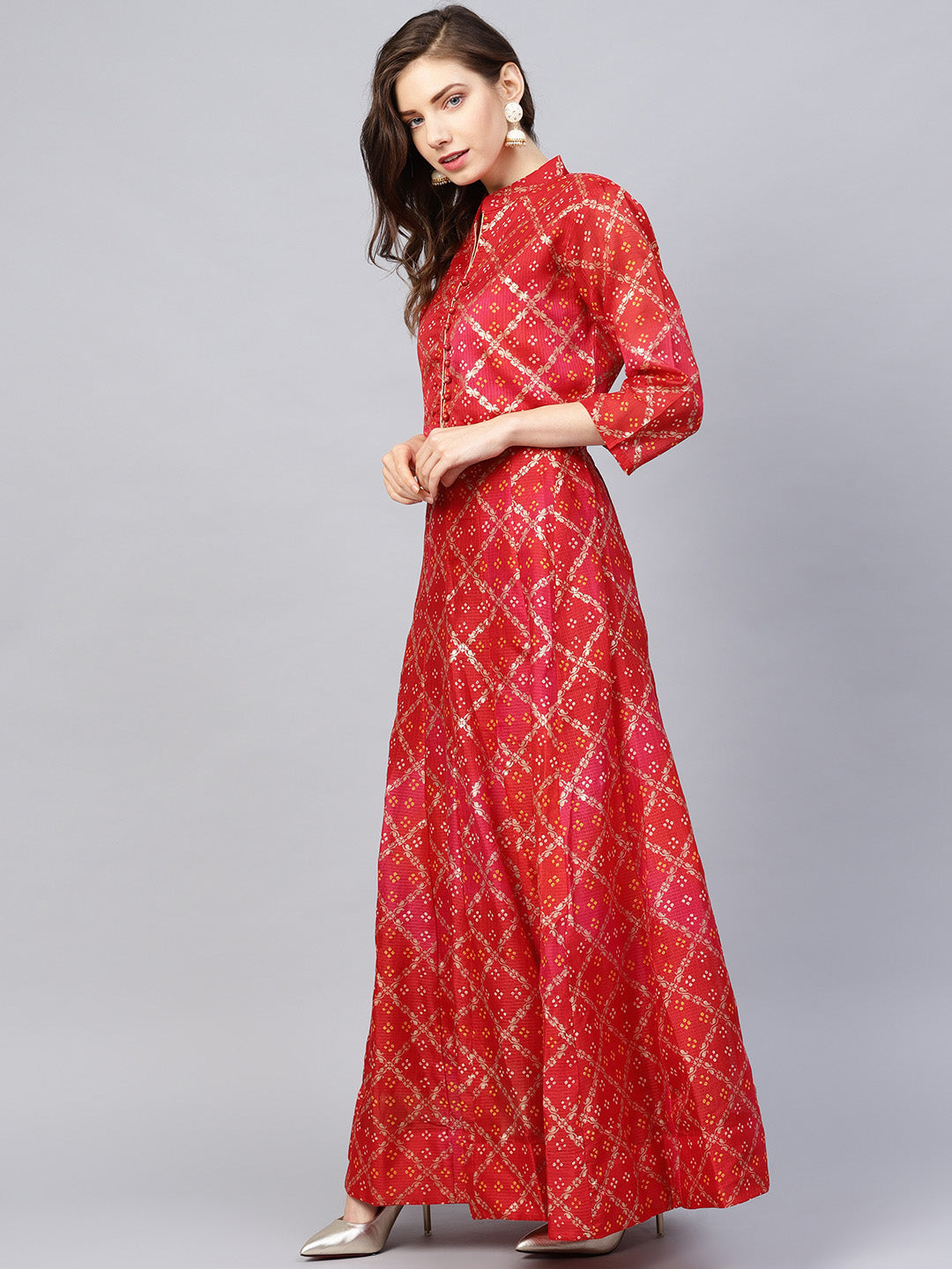 Ishin Women's Poly Silk Red Printed Anarkali Kurta