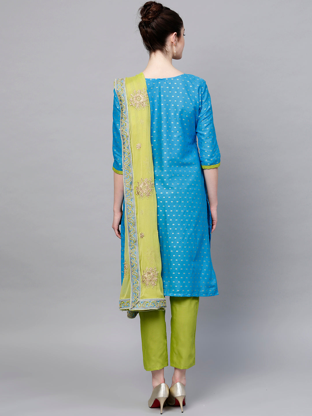 Ishin Women's Cotton Blue & Green Embroidered A-Line Kurta With Trouser & Dupatta