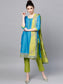 Ishin Women's Cotton Blue & Green Embroidered A-Line Kurta With Trouser & Dupatta