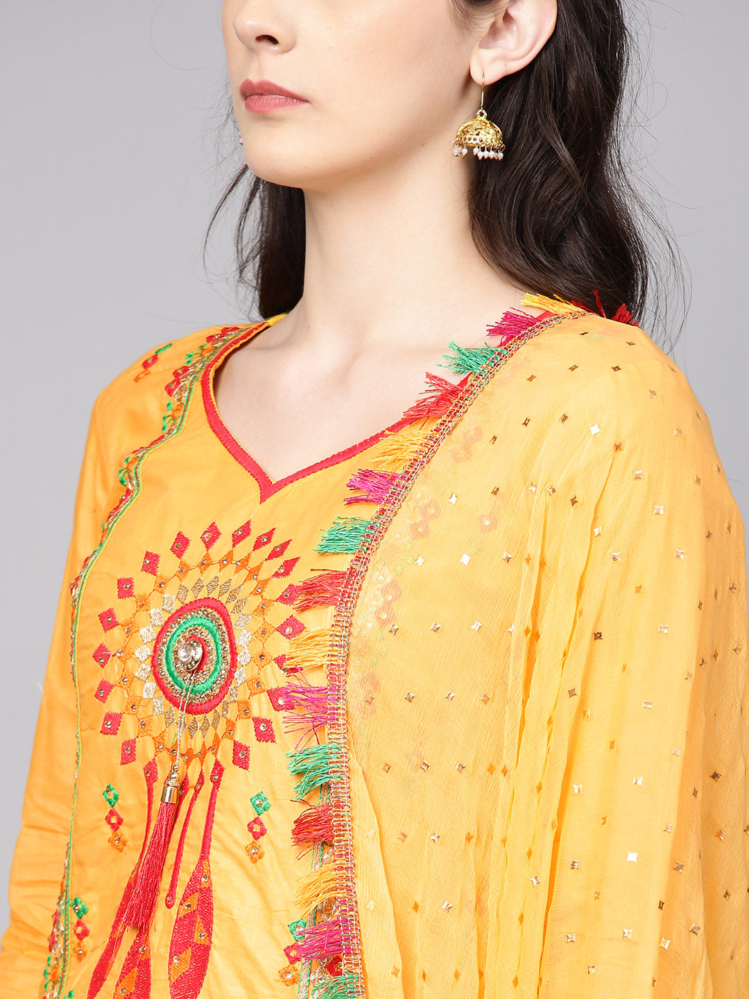 Ishin Women's Cotton Yellow Embroidered A-Line Kurta With Trouser & Dupatta