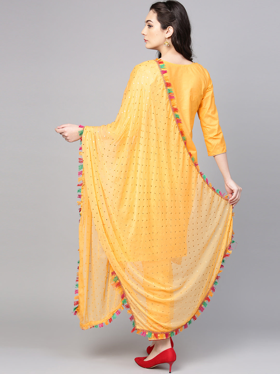 Ishin Women's Cotton Yellow Embroidered A-Line Kurta With Trouser & Dupatta