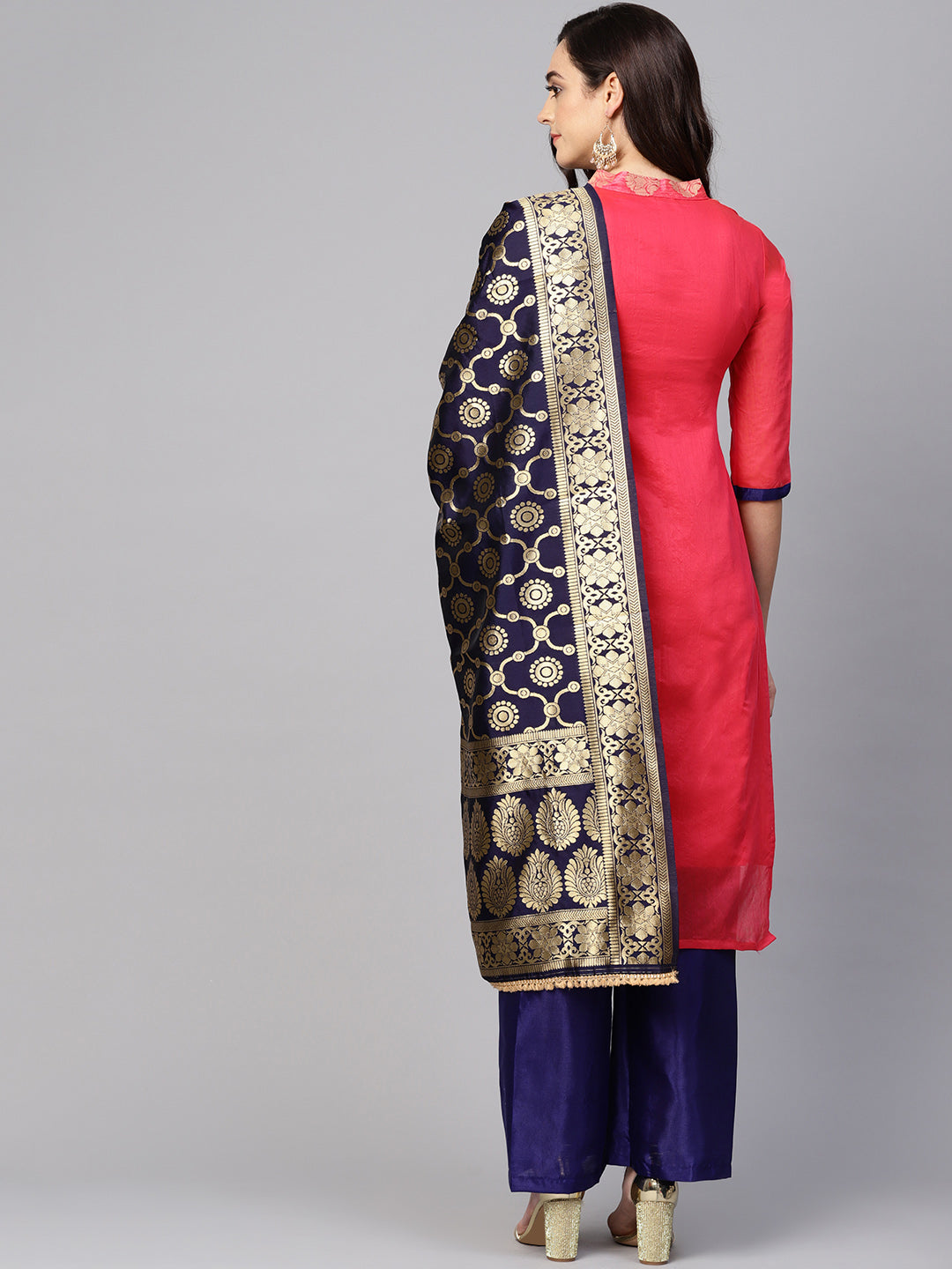  Ishin Women's Chanderi Silk Pink & Navy Blue Woven A-Line Kurta With Palazzo & Dupatta 
