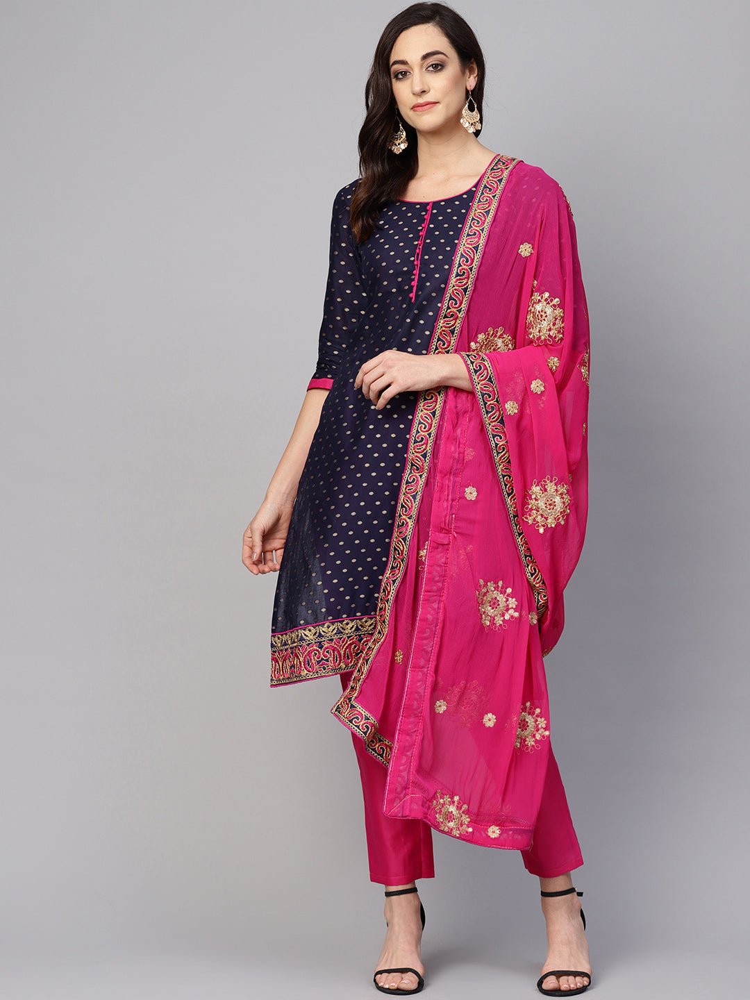  Ishin Women's Poly Cotton Navy Blue & Pink Embroidered A-Line Kurta With Trouser & Dupatta 