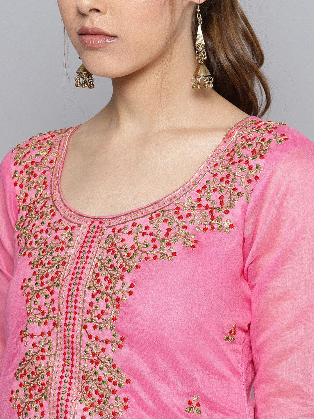 Ishin Women's Chanderi Silk Pink Embroidered A-Line Kurta With Trouser & Dupatta 