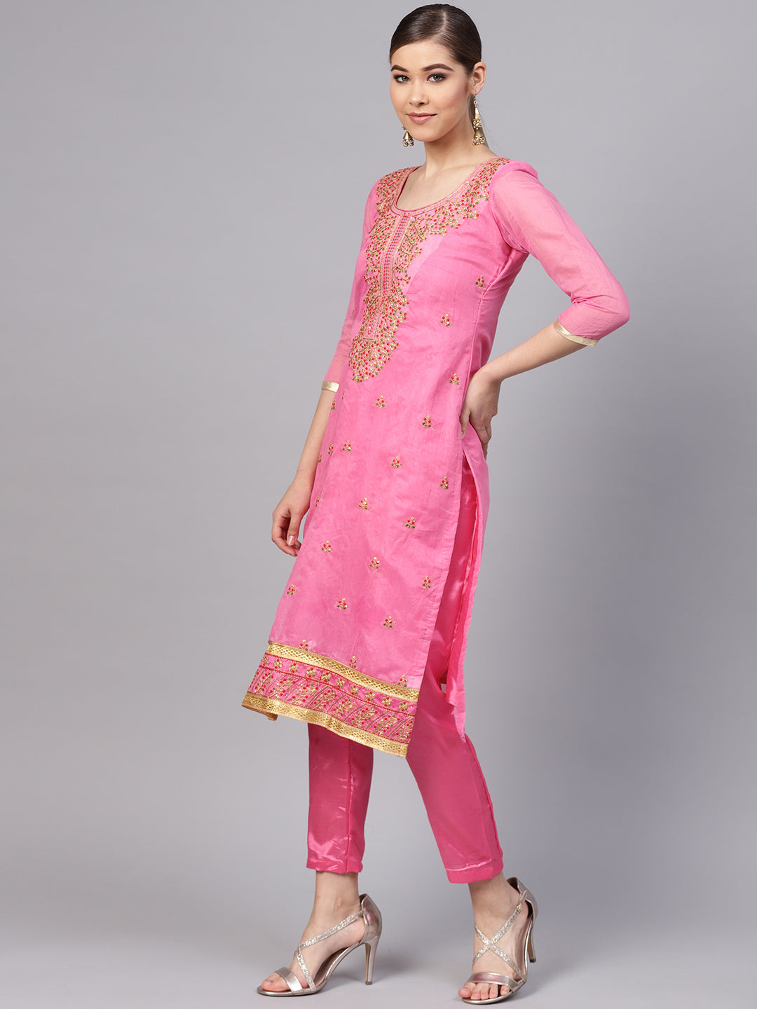  Ishin Women's Chanderi Silk Pink Embroidered A-Line Kurta With Trouser & Dupatta 