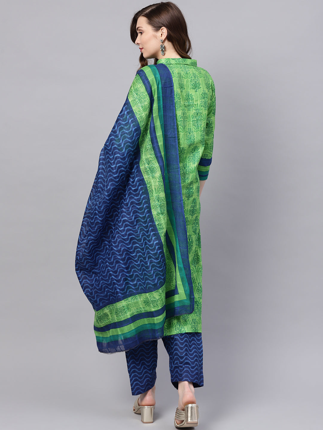  Ishin Women's Cotton Green & Blue Printed A-Line Kurta With Trouser & Dupatta 