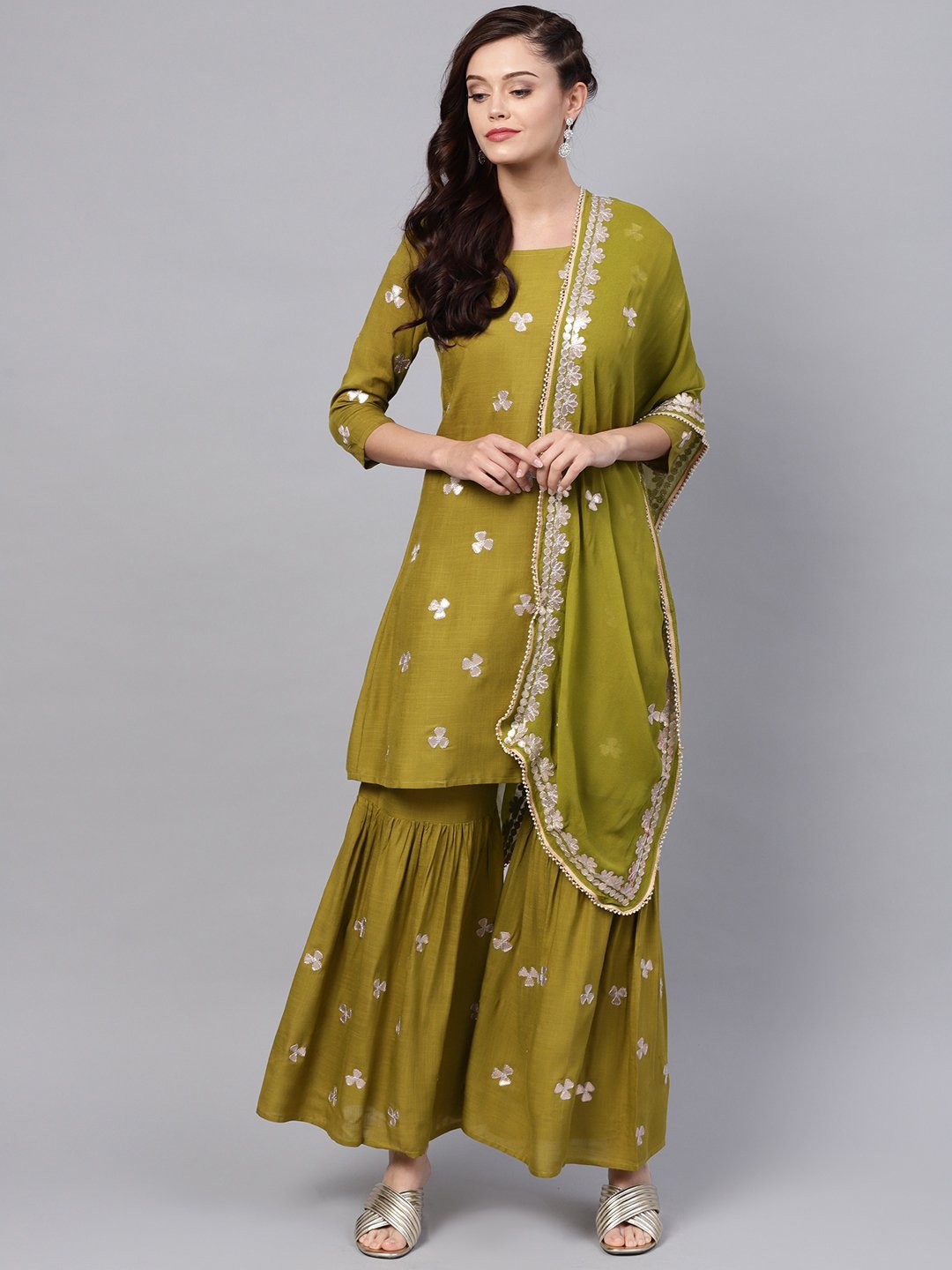 Ishin Women's Rayon Green Embellished A-Line Kurta Sharara Dupatta Set