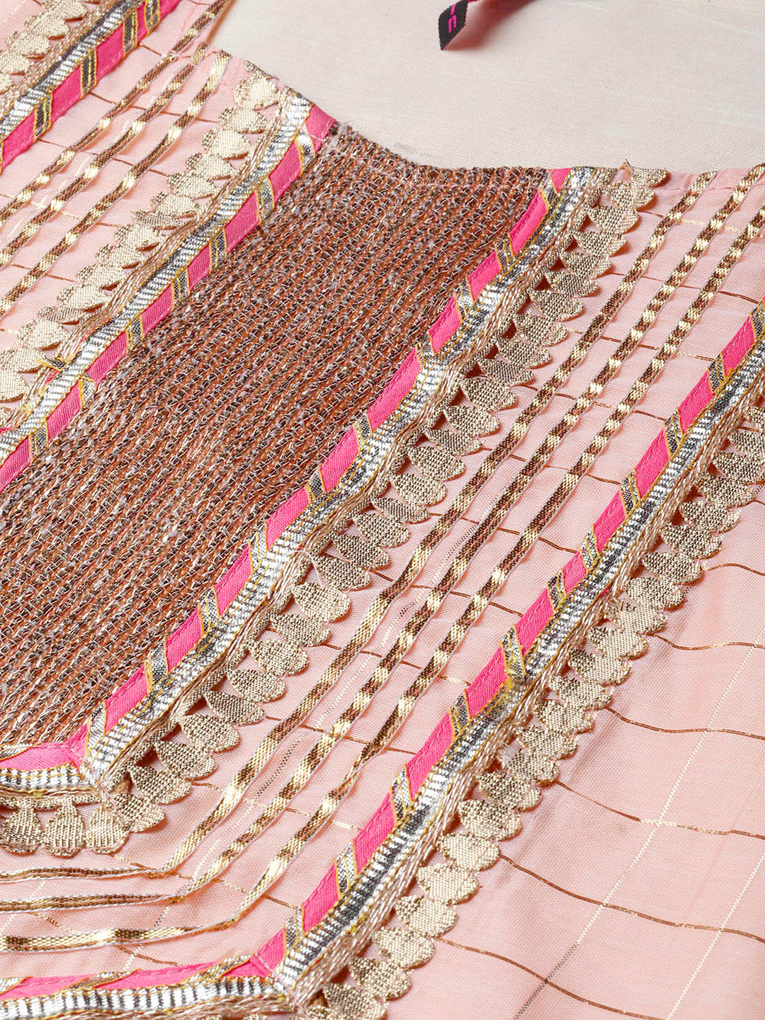 Ishin Women's Chanderi Silk Peach & Beige Embellished A-Line Kurta Skirt Dupatta Set