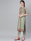 Ishin Women's Silk Blend Green Embroidered A-Line Kurta Trouser Dupatta Set