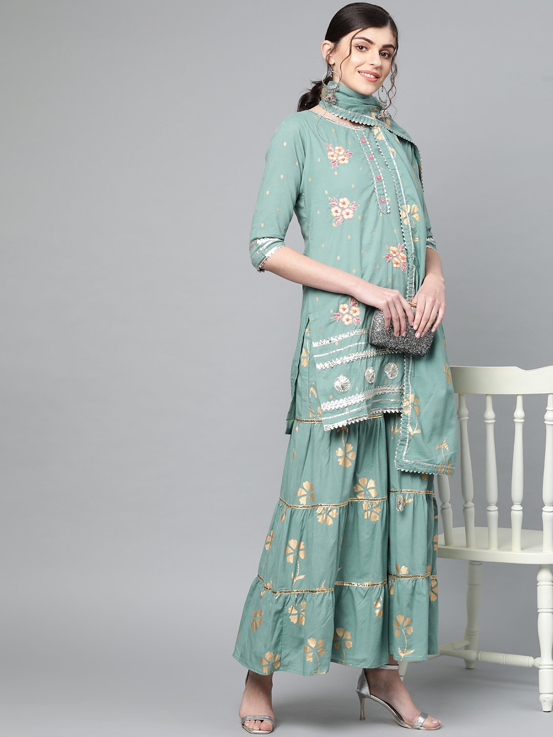Ishin Women's Cotton Green Embroidered A-Line Kurta Sharara Dupatta Set