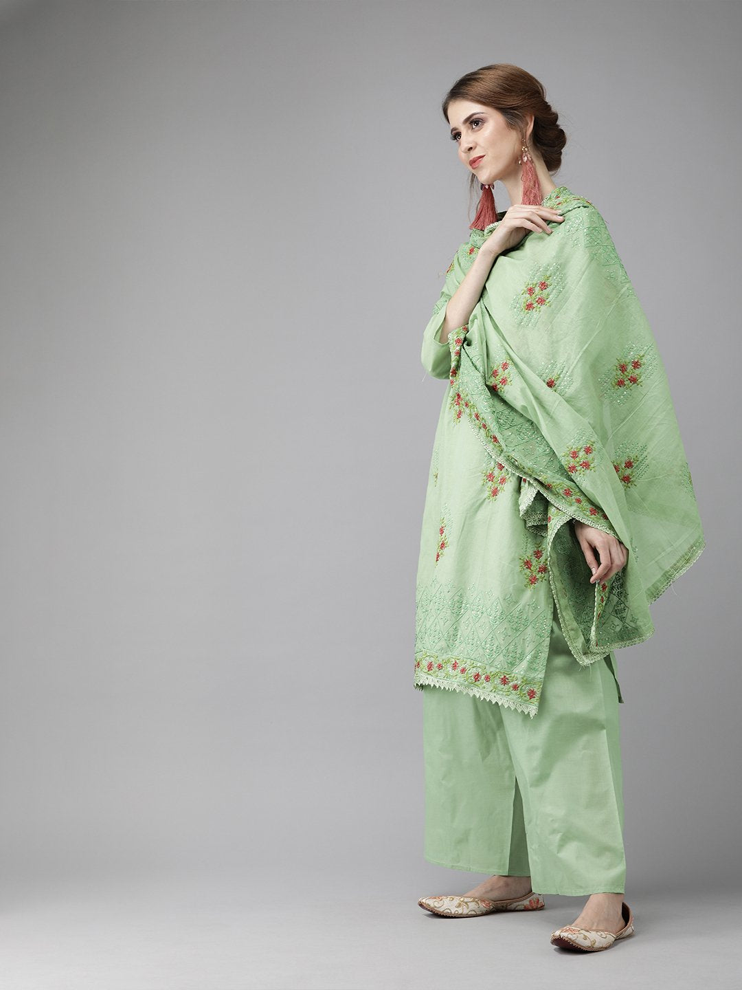 Ishin Women's Cotton Green Sequinned Embroidered A-Line Kurta Palazzo Dupatta Set