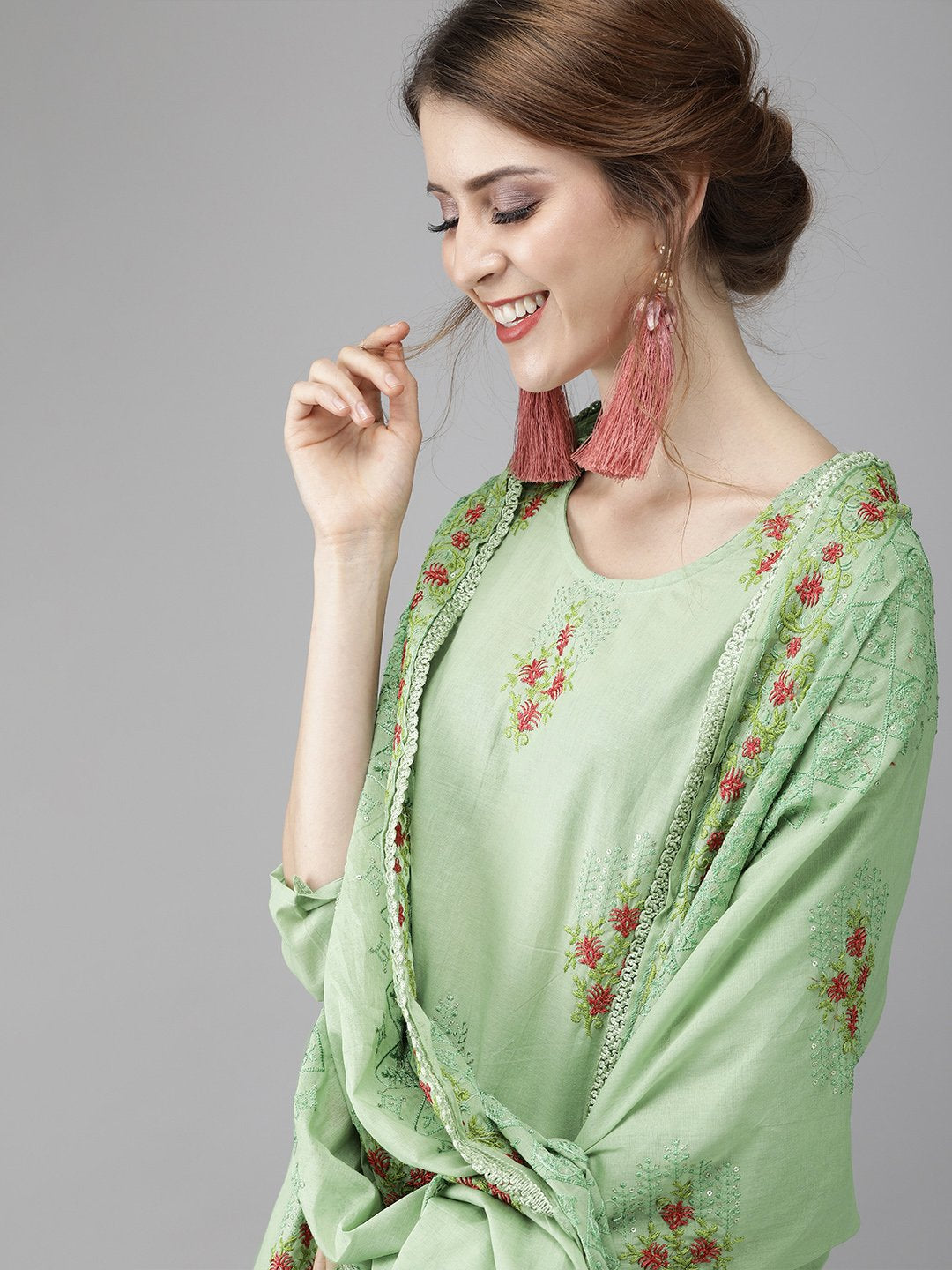 Ishin Women's Cotton Green Sequinned Embroidered A-Line Kurta Palazzo Dupatta Set
