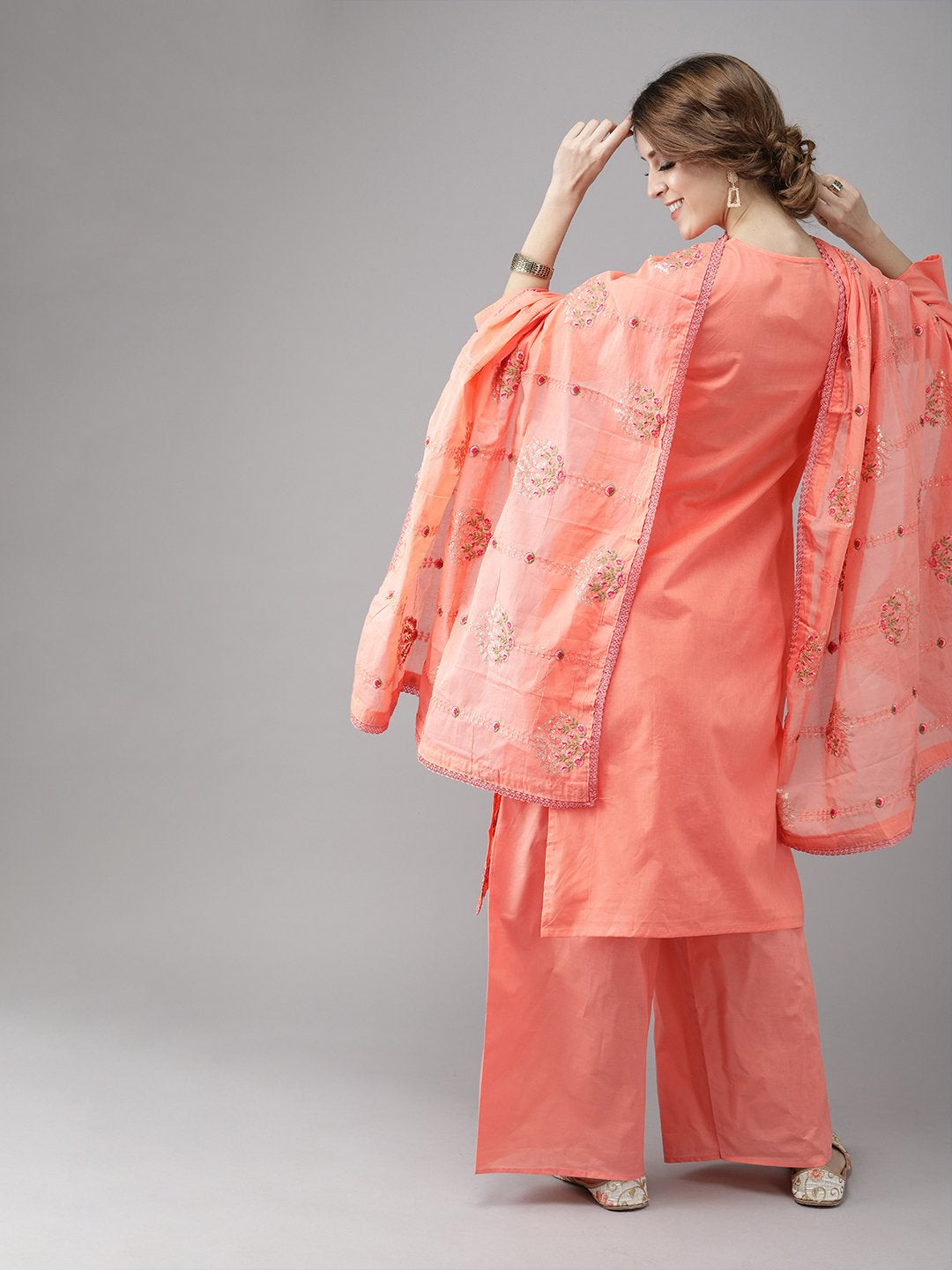 Ishin Women's Cotton Peach Sequinned Embroidered A-Line Kurta Palazzo Dupatta Set