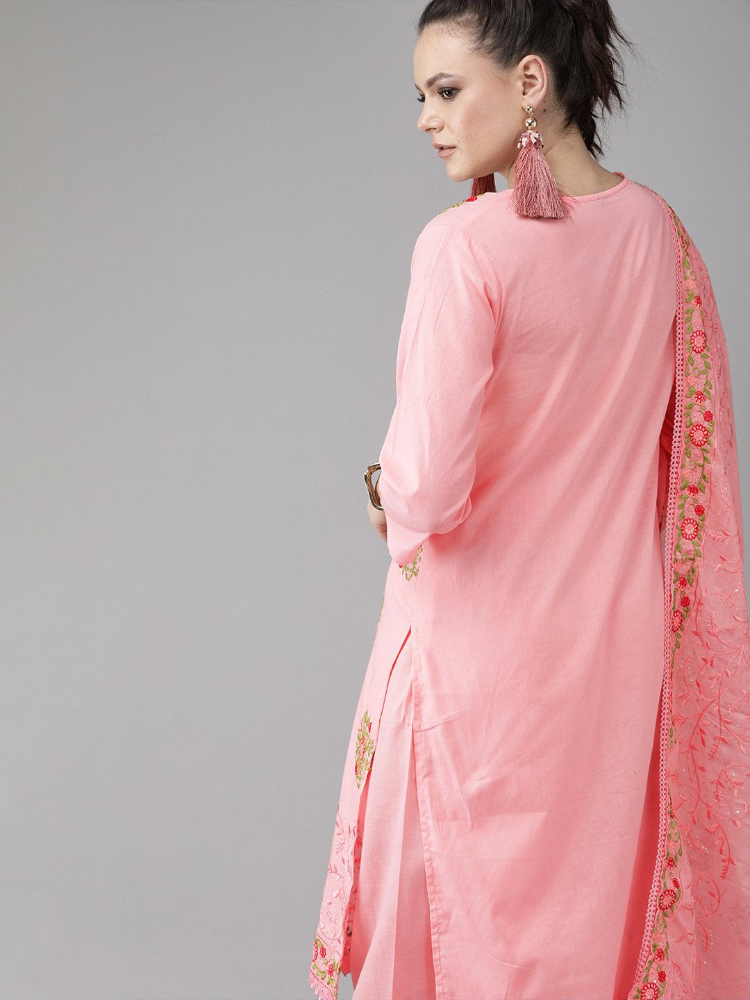 Ishin Women's Cotton Pink Sequinned Embroidered A-Line Kurta Palazzo Dupatta Set