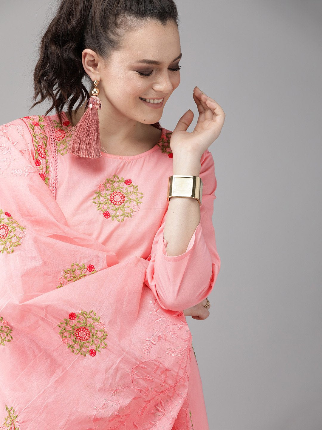 Ishin Women's Cotton Pink Sequinned Embroidered A-Line Kurta Palazzo Dupatta Set