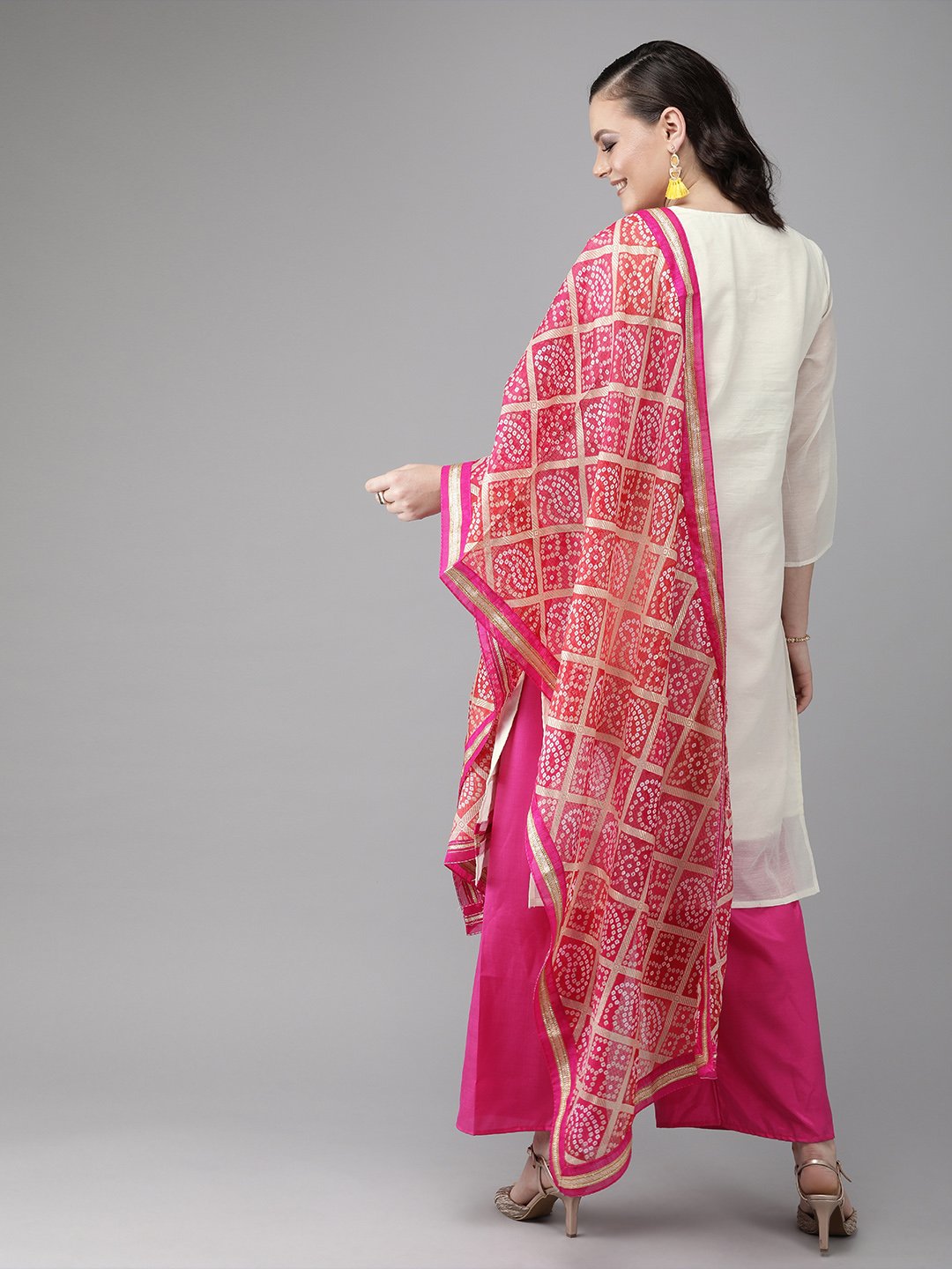 Ishin Women's Chanderi Cotton Off White & Pink Embroidered A-Line Kurta Palazzo Dupatta Set