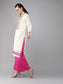 Ishin Women's Chanderi Cotton White & Pink Embroidered A-Line Kurta Palazzo Dupatta Set