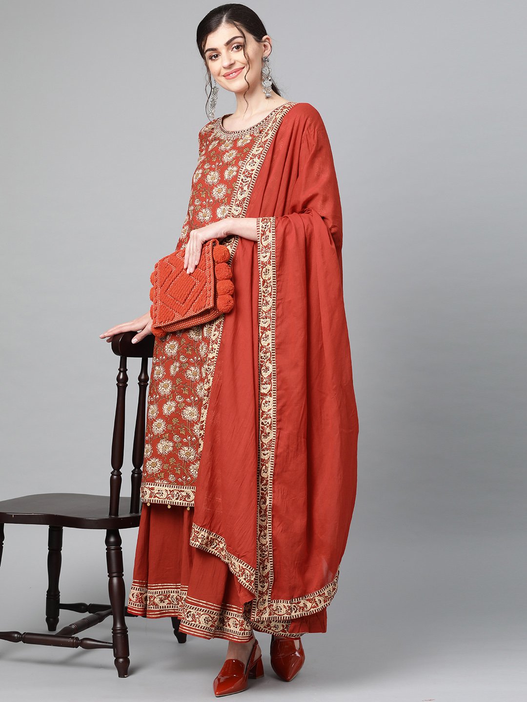 Ishin Women's Cotton Brown Kalamkari Printed A-Line Kurta Palazzo Dupatta Set