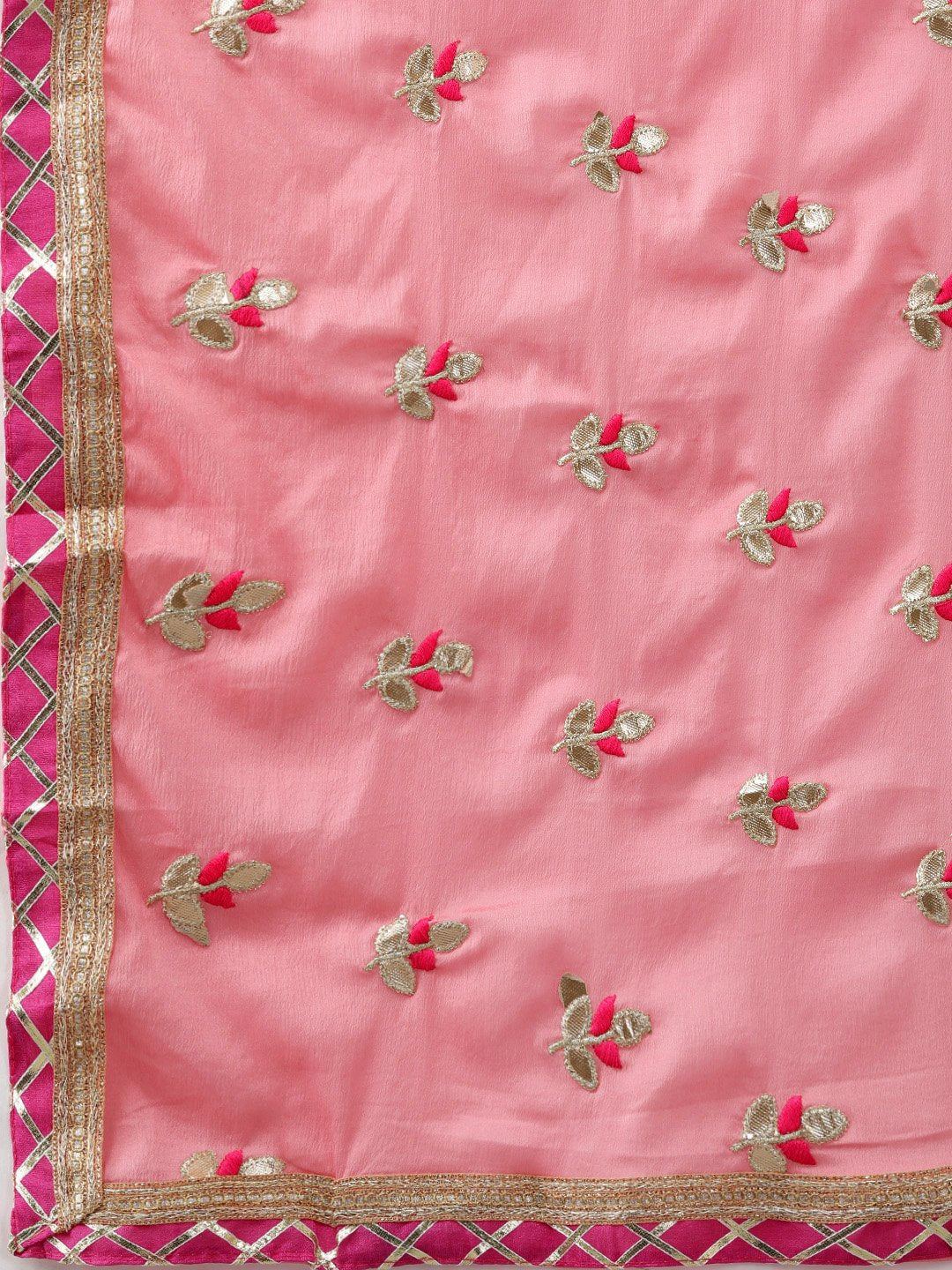 Ishin Women's Poly Crepe Pink Embellished A-Line Kurta Palazzo Dupatta Set