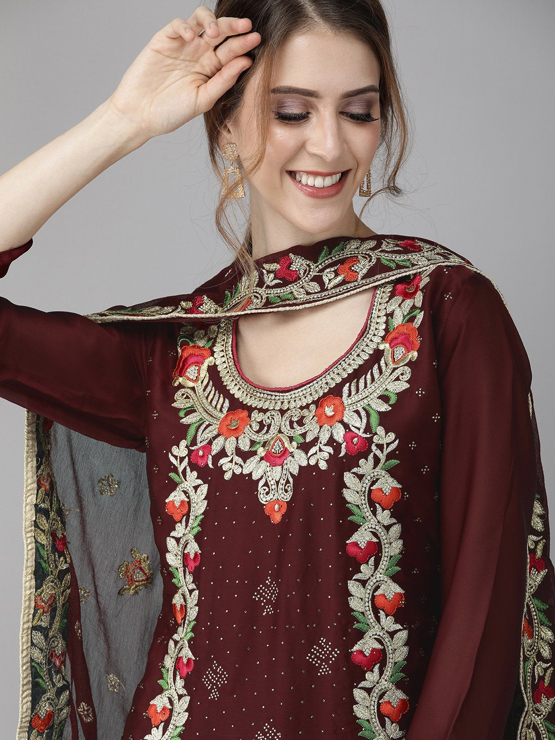 Ishin Women's Poly Silk Brown Embellished A-Line Kurta Palazzo Dupatta Set
