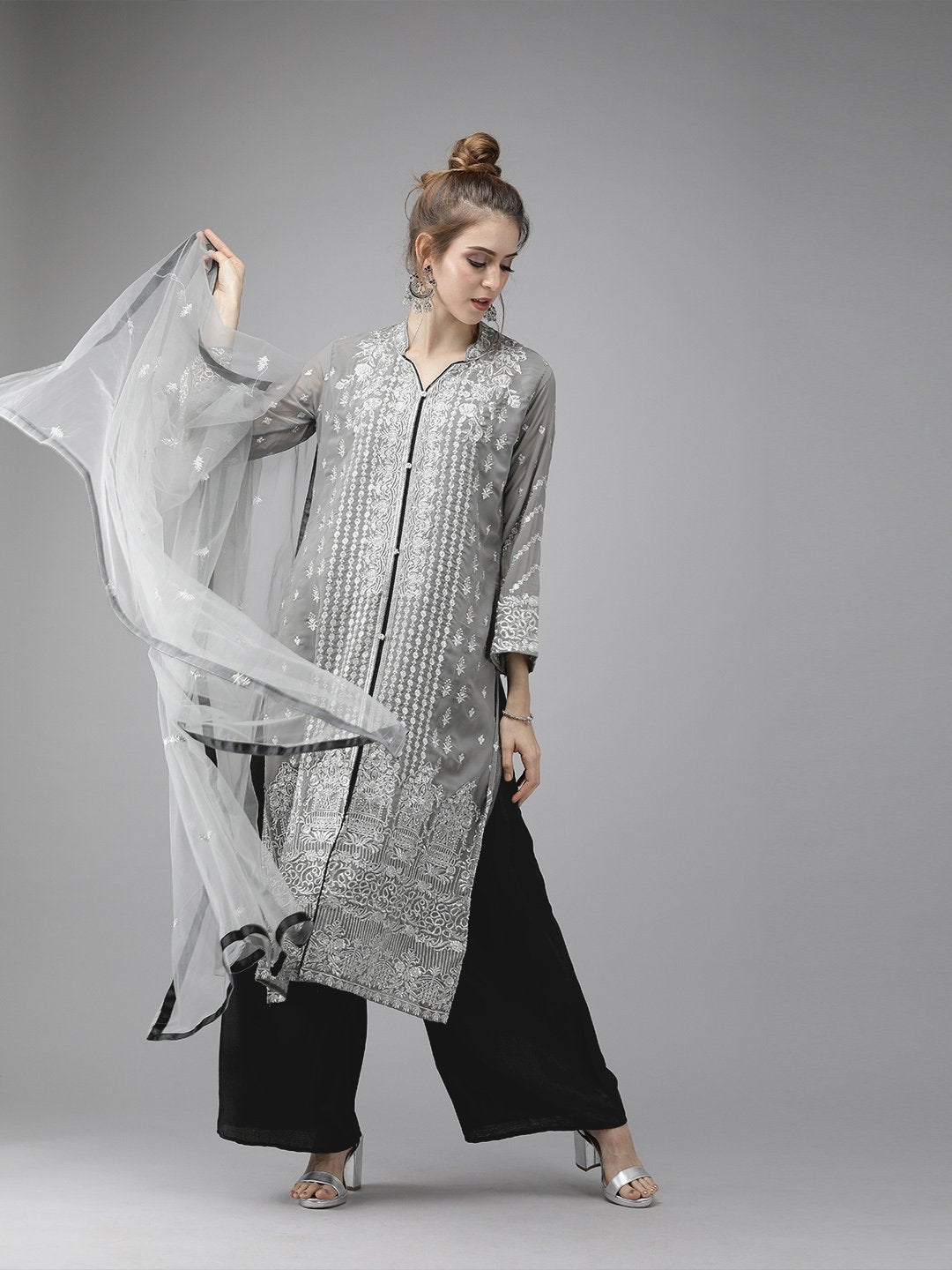 Ishin Women's Poly Georgette Grey & Black Embroidered A-Line Kurta Palazzo Dupatta Set