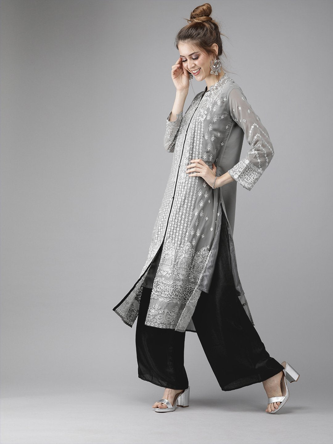 Ishin Women's Poly Georgette Grey Embroidered A-Line Kurta Palazzo Dupatta Set