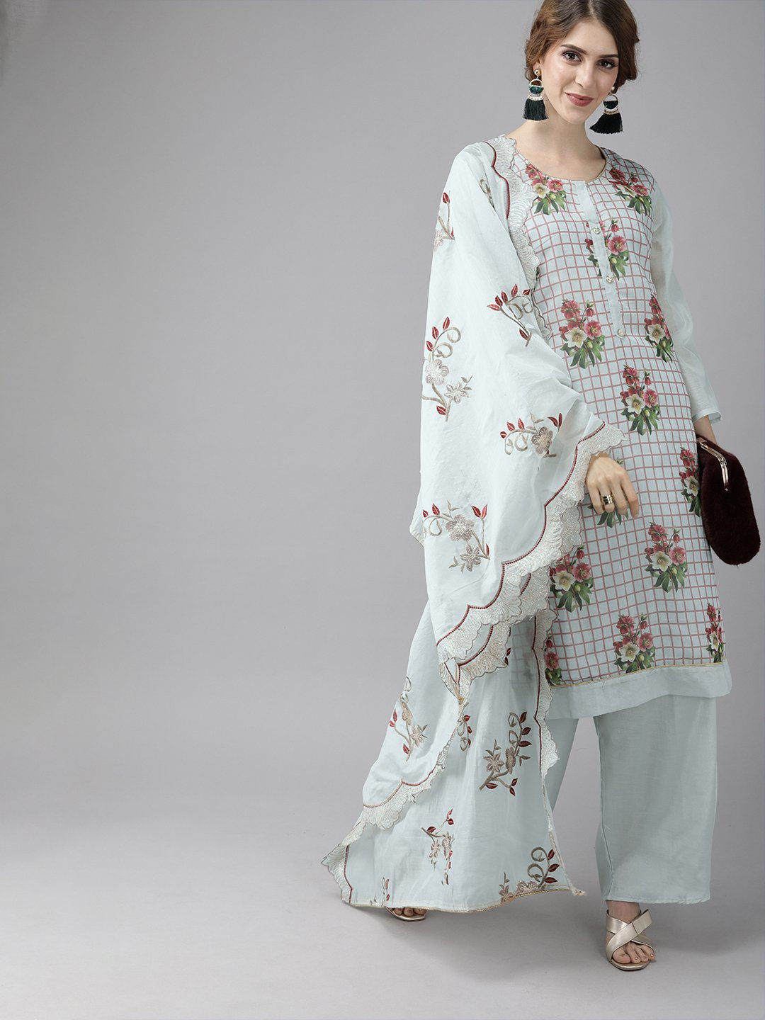 Ishin Women's Chanderi Grey Floral Printed A-Line Kurta Palazzo With Embroidered Dupatta