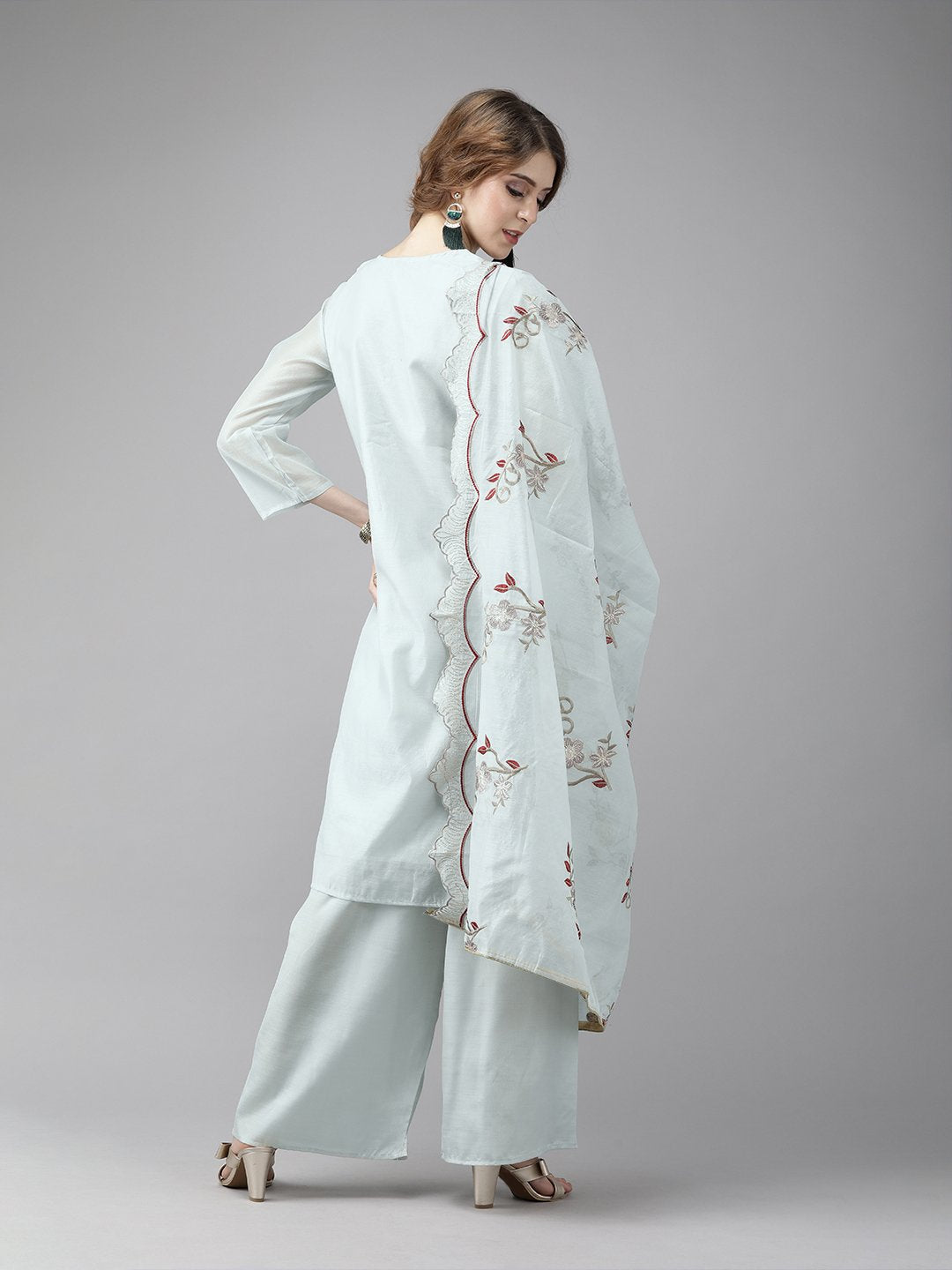 Ishin Women's Chanderi Grey Floral Printed A-Line Kurta Palazzo With Embroidered Dupatta