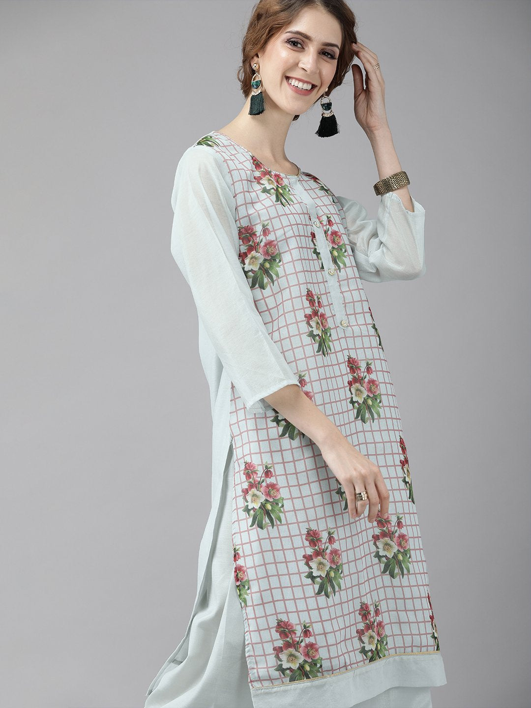 Ishin Women's Chanderi White Floral Printed A-Line Kurta Palazzo With Embroidered Dupatta