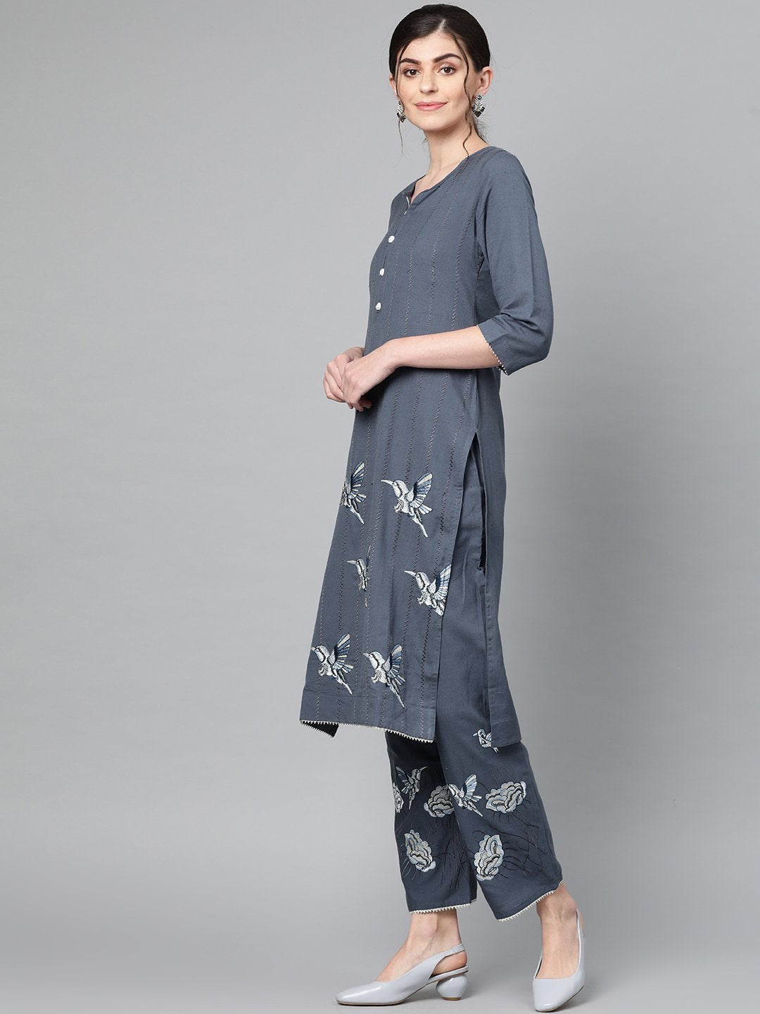 Ishin Women's Cotton Grey Embroidered A-Line Kurta Palazzo Dupatta Set