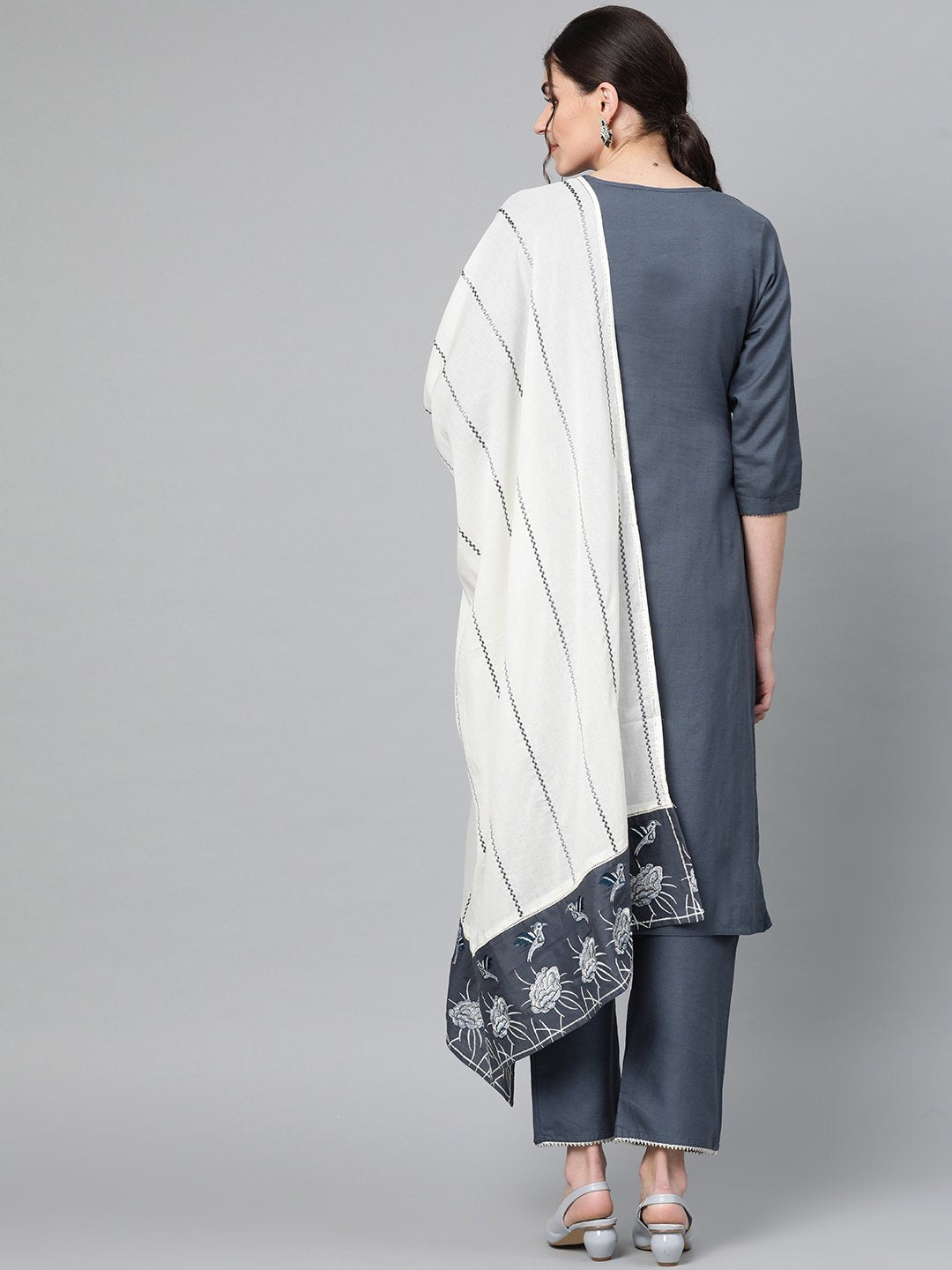 Ishin Women's Cotton Grey Embroidered A-Line Kurta Palazzo Dupatta Set