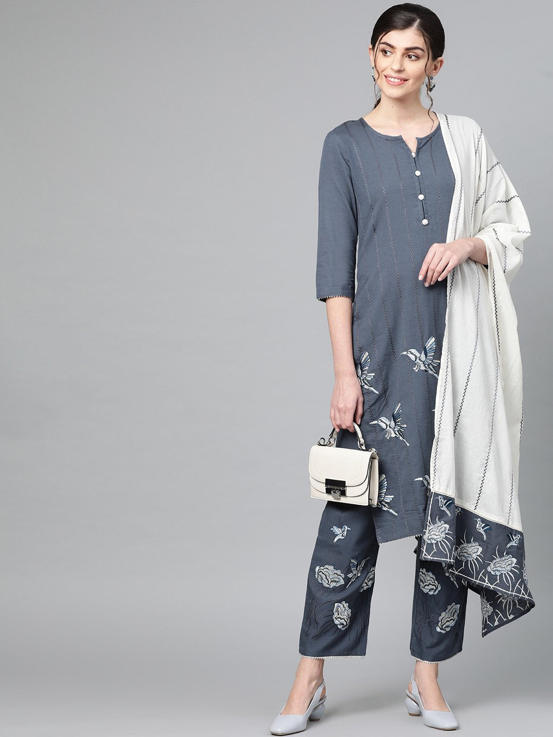Ishin Women's Cotton Grey Embroidered A-Line Kurta Palazzo Dupatta Set